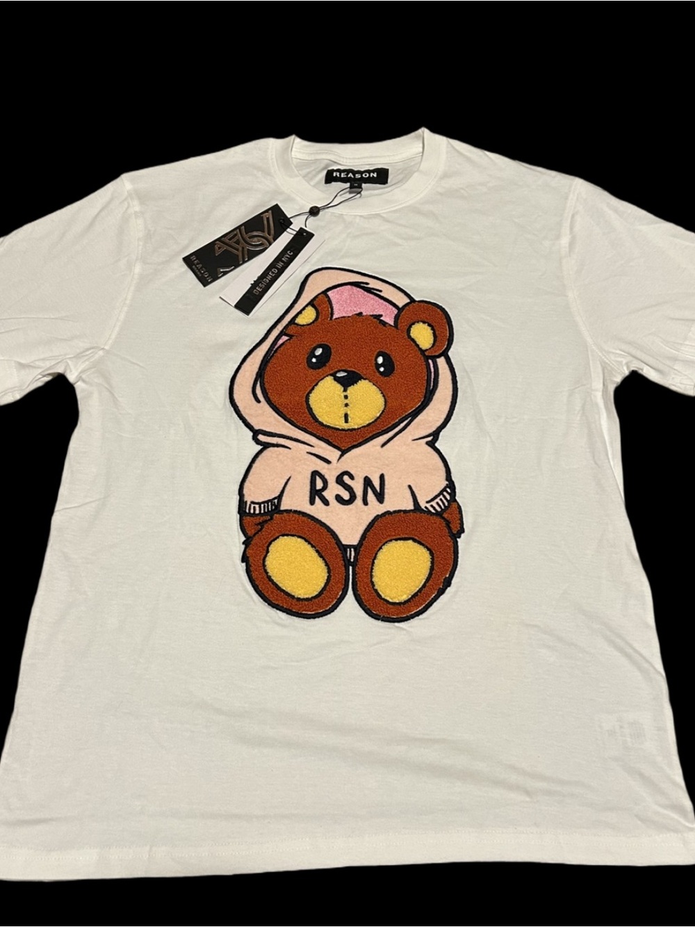 Reason White Tee with Brown Teddy in Pink Hoodie